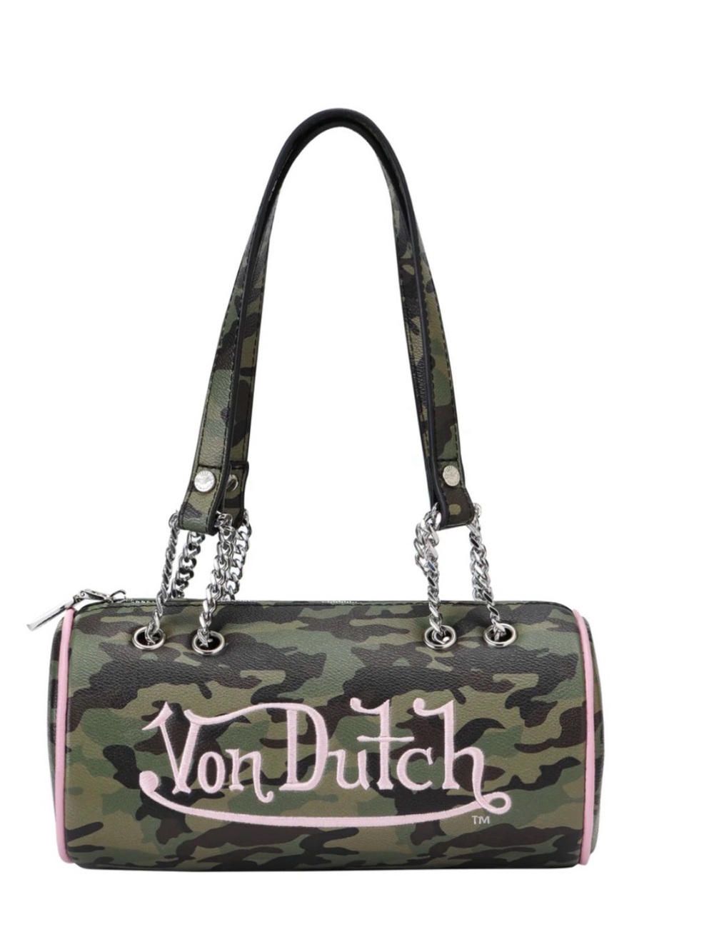NWT Von Dutch Green Camo Barrel Shoulder Bag with Pink Trim